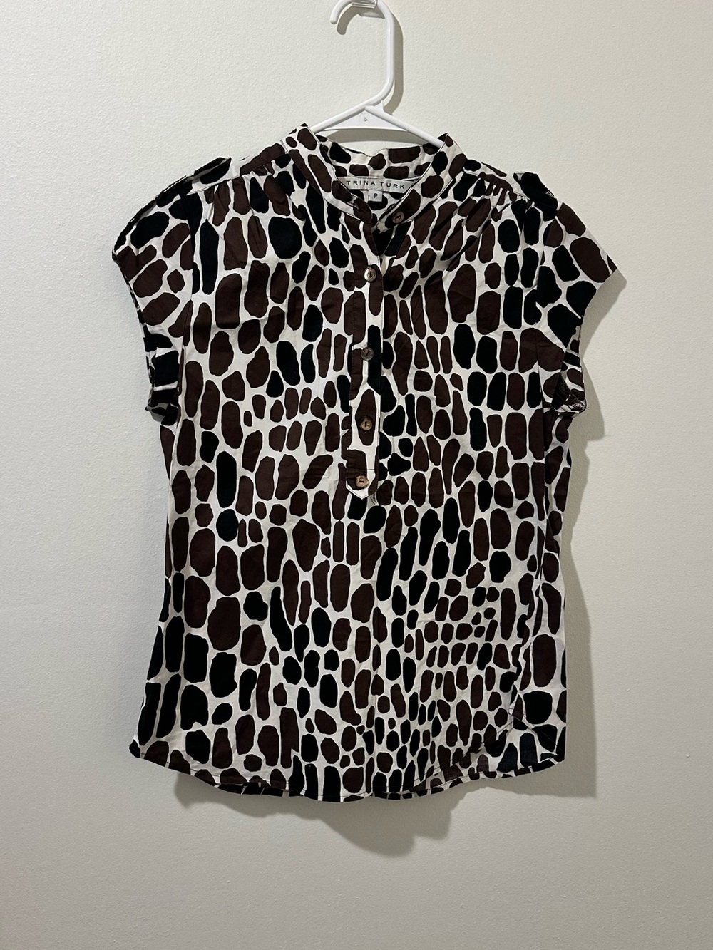Trina Turk Brown and White Animal Print Cap Sleeve Blouse